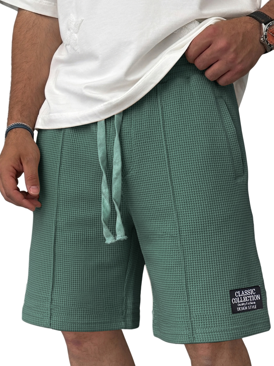 Men's Waffle Knit Casual Drawstring Elastic Waist Embroidered Logo Shorts