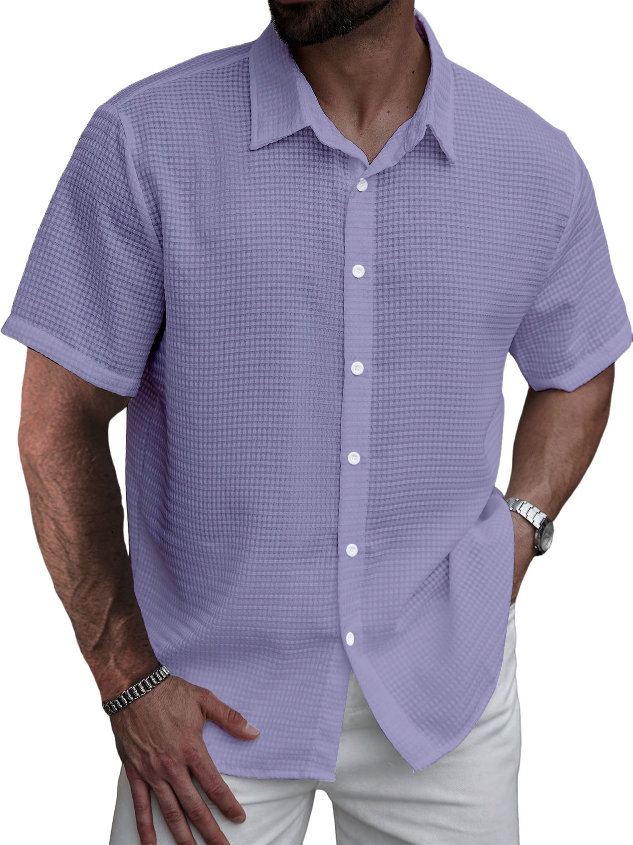 Men's Stylish Casual Waffle Fabric Short-sleeved Shirt