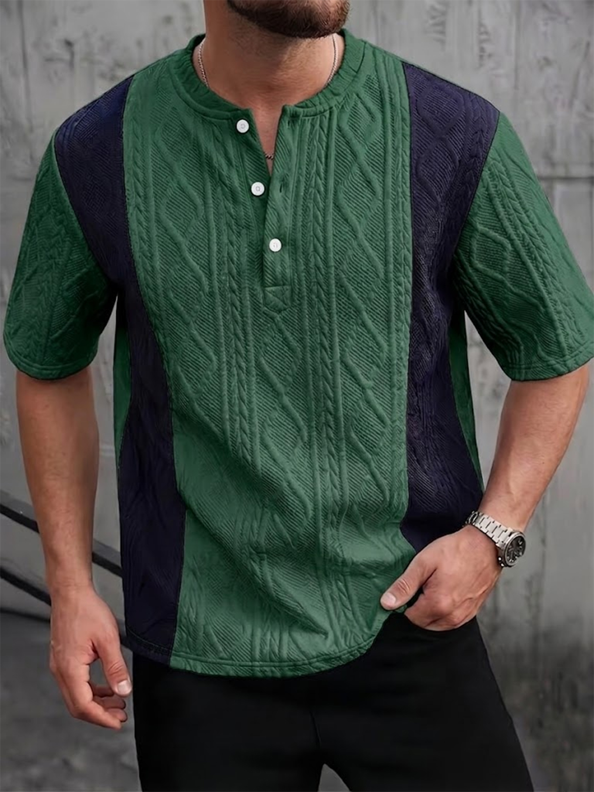 Men's Color-blocked Jacquard Textured Pullover Henley