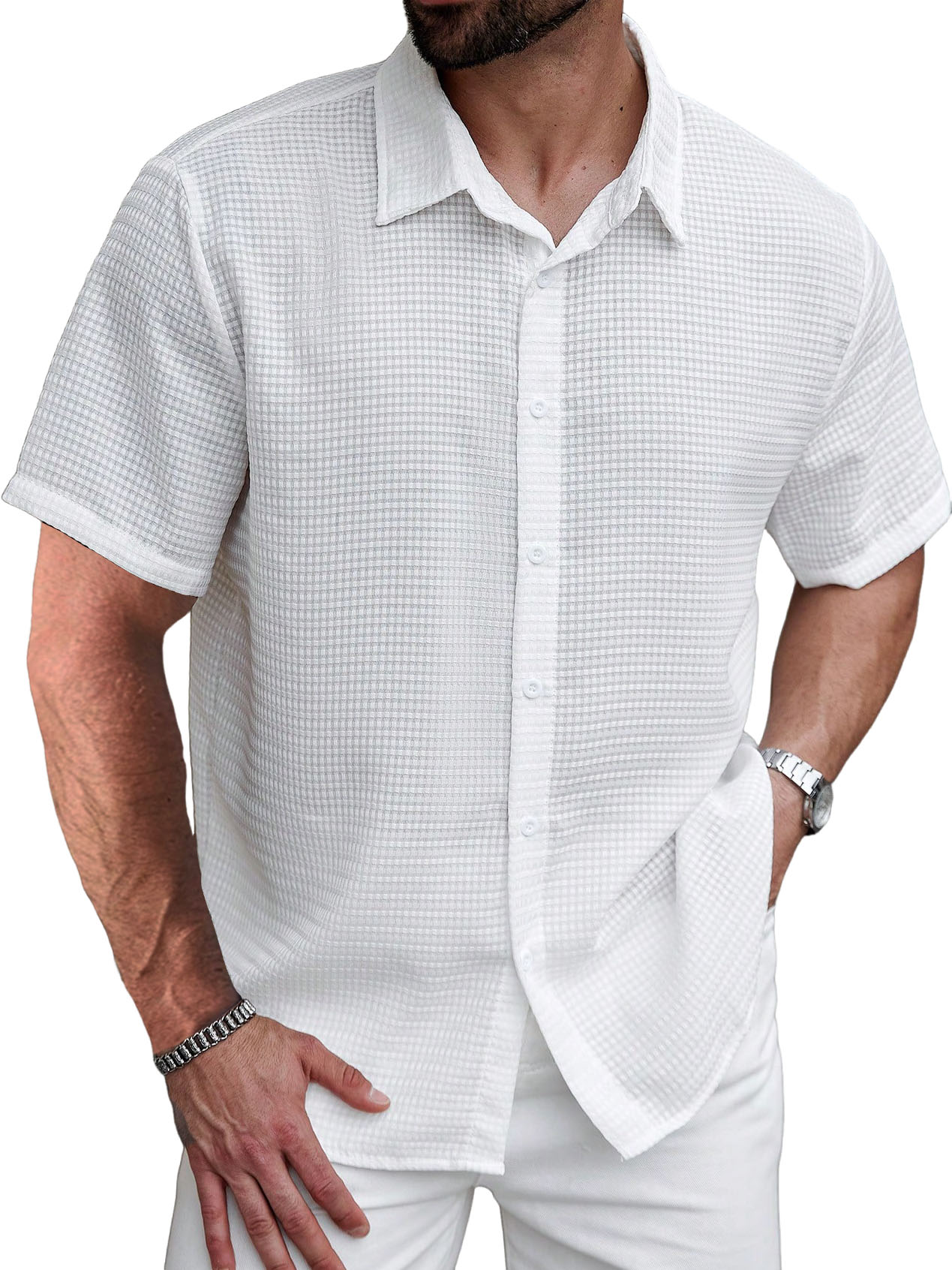 Men's Stylish Casual Waffle Fabric Short-sleeved Shirt