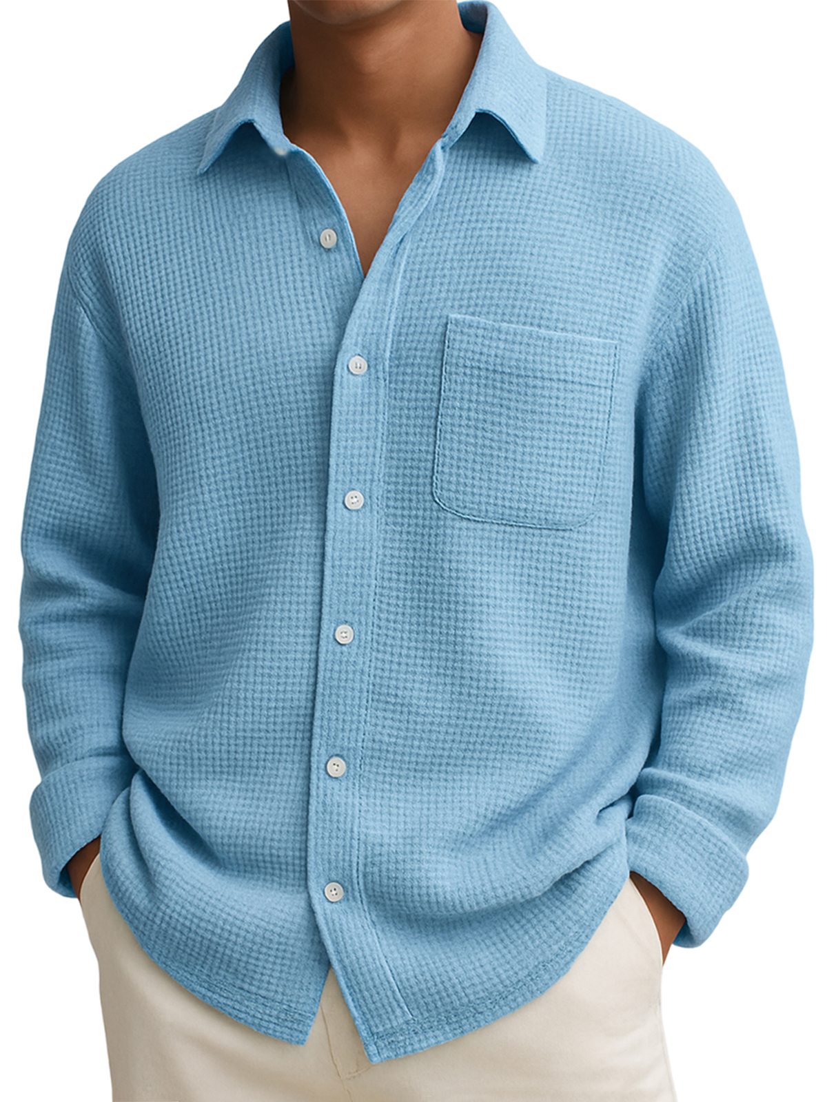 Men's Comfort Waffle Lapel Long Sleeve Shirt with Chest Pocket