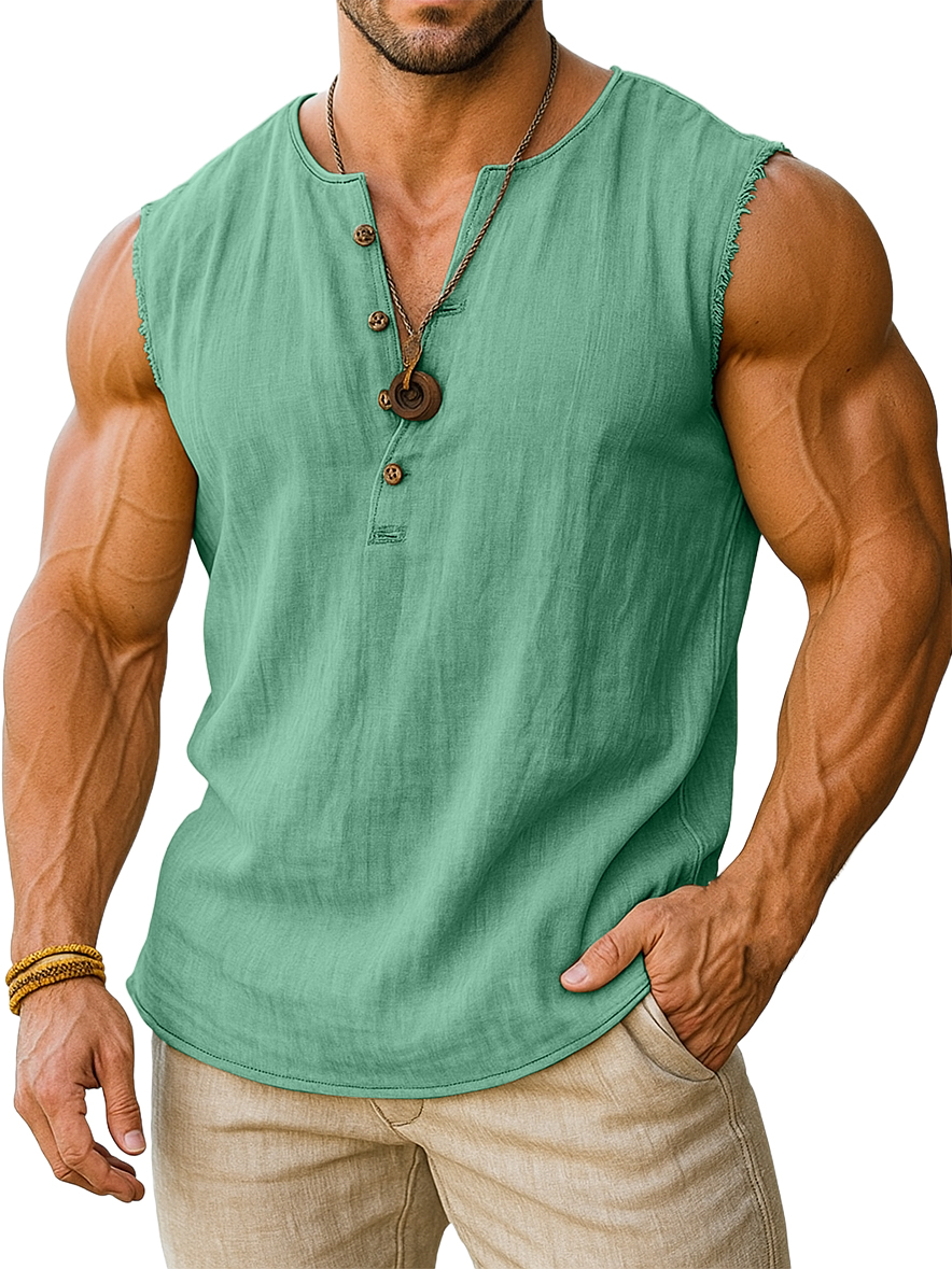Men's Retro Cotton And Linen Sleeveless Henley Button-down T-shirt