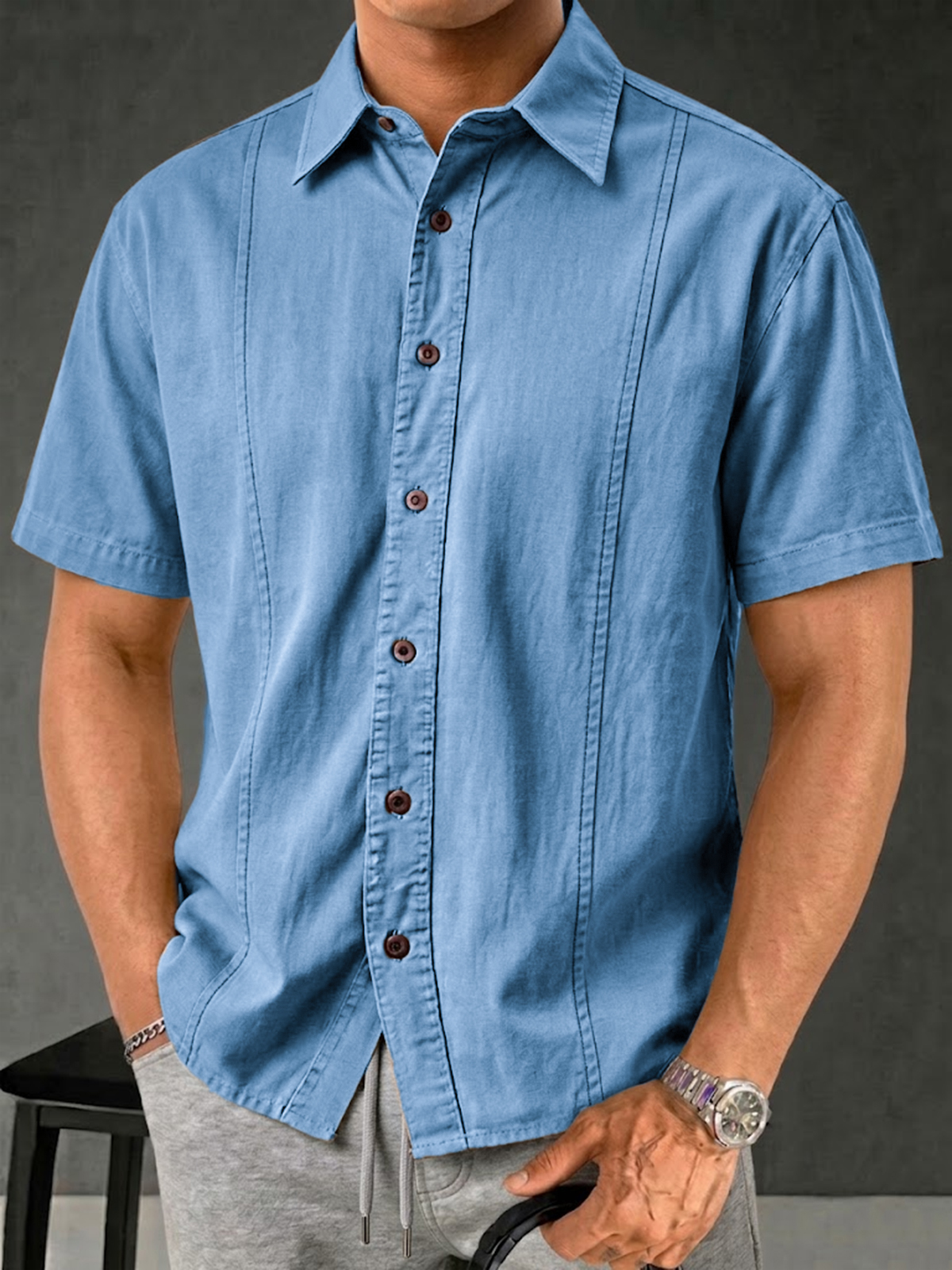 Men's Retro Solid Color Casual Patchwork Shirt