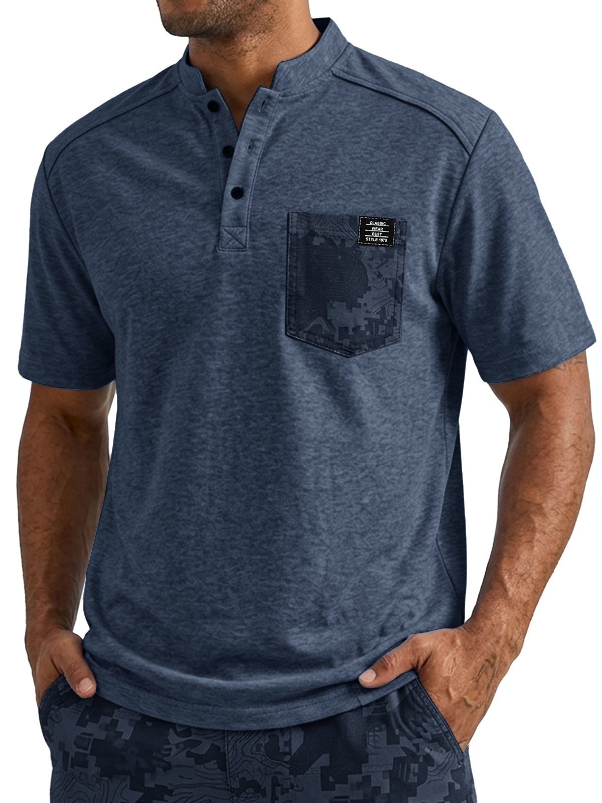 Camouflage-Print Pocket Casual Versatile Henley Shirt
