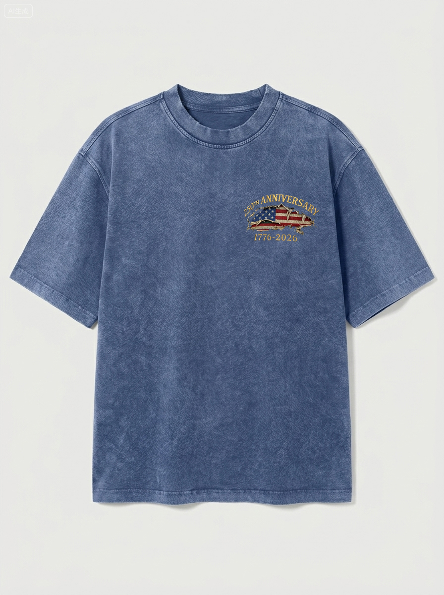 100% Cotton Vintage Washed & Distressed USA 250th Anniversary Crew Neck Short-Sleeve T-Shirt