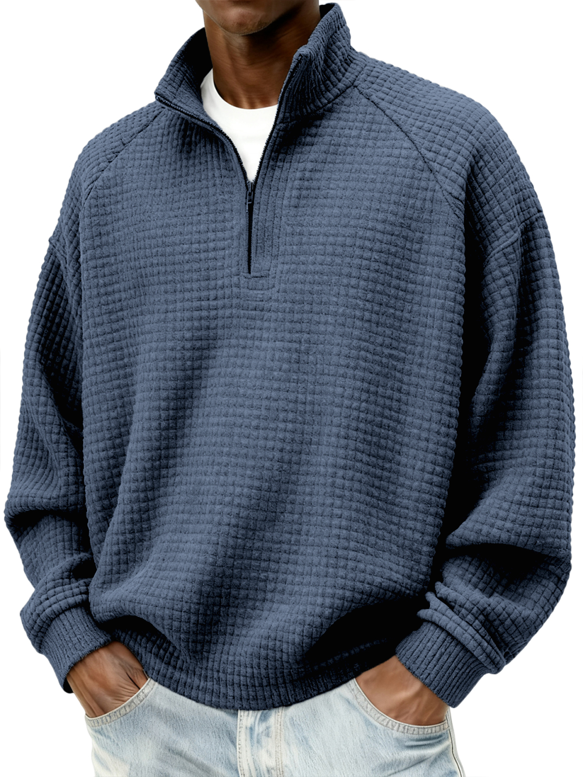 Men's Quarter-Zip Jacquard Quilted Small Squares Textured Raglan Polo Sweatshirt