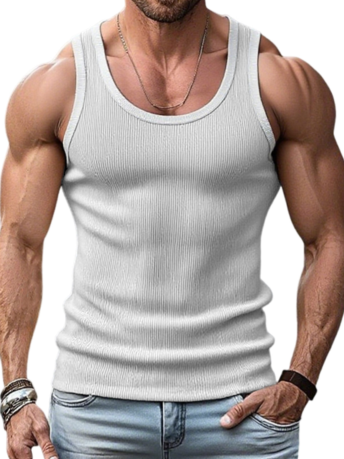 Men's Stylish Ribbed Contrast Color Sleeveless Sports Fitness Vest