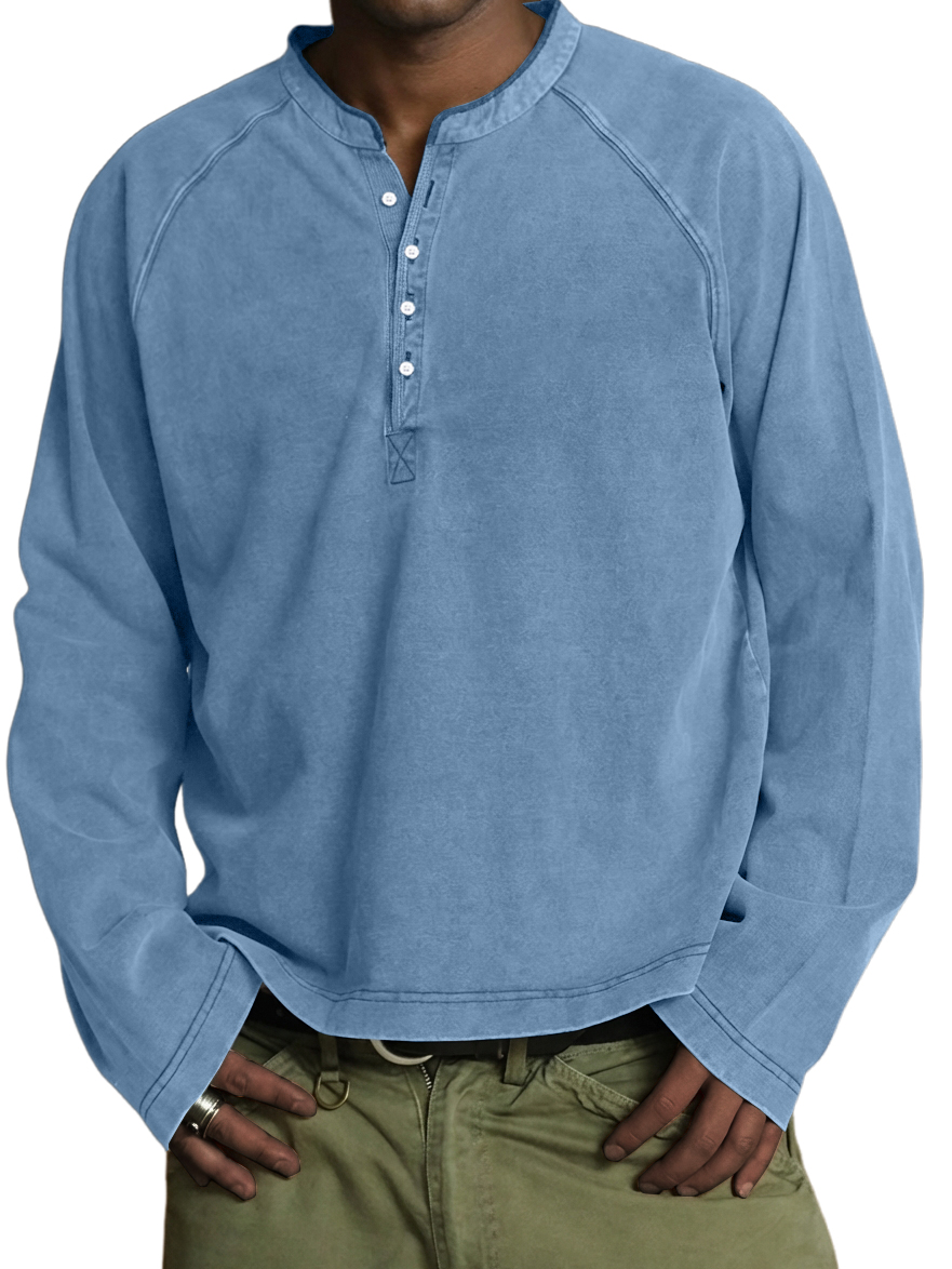 Men's Vintage Washed Cotton Henley Long-Sleeve T-Shirt