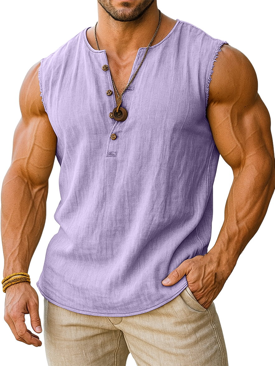 Men's Retro Cotton And Linen Sleeveless Henley Button-down T-shirt