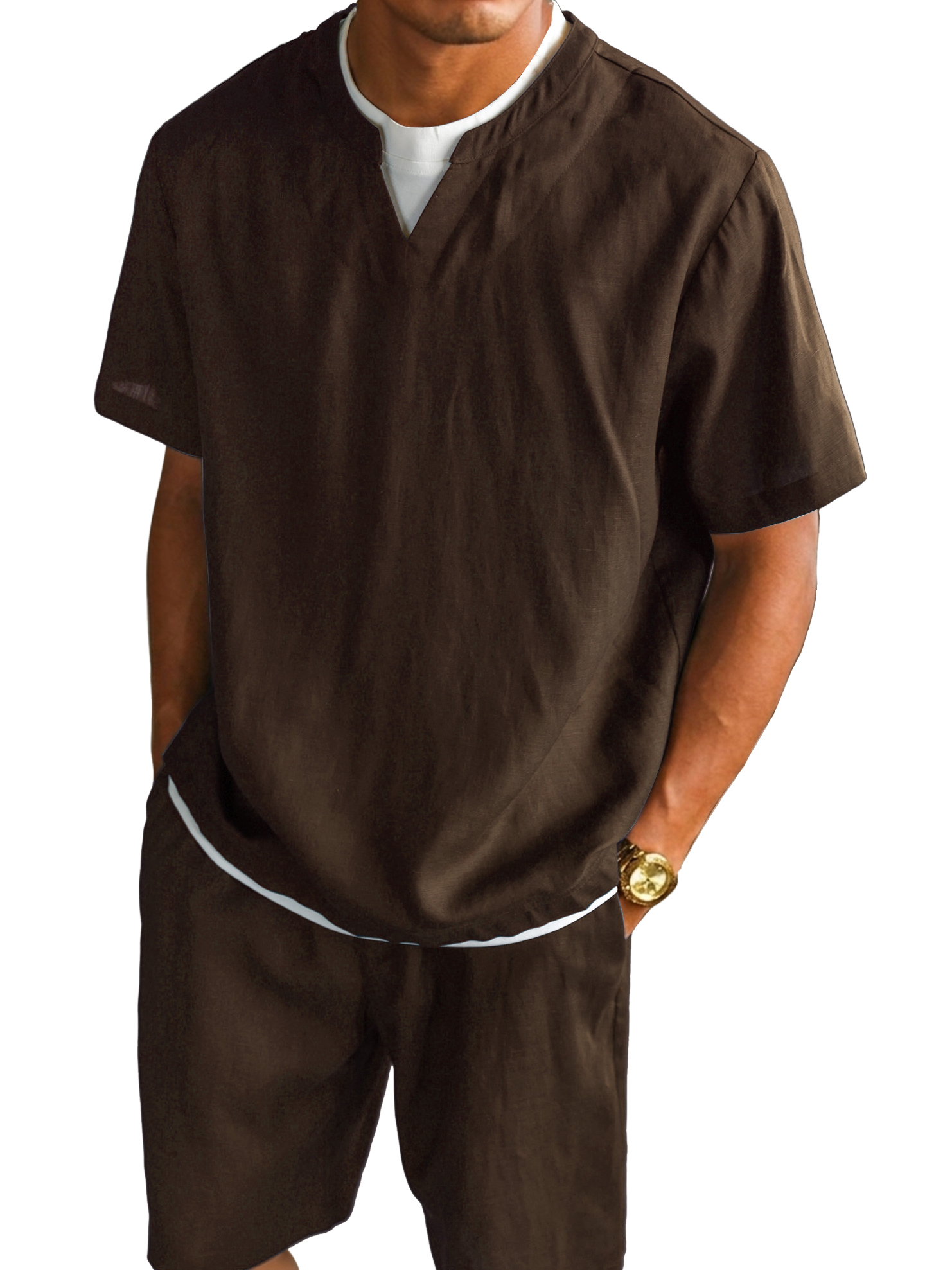 Men's V-neck Color-blocked Faux Two-piece Short-sleeved T-shirt and Shorts Set