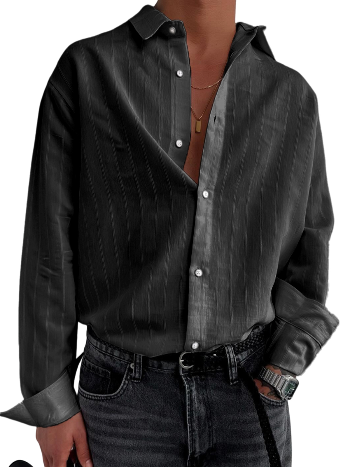 Men's Stylish Striped Textured Casual Long Sleeve Shirt