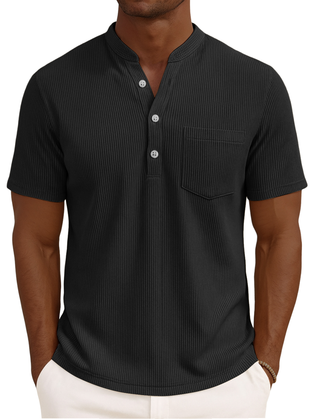Men's Henley Collar Solid Color Loose And Comfortable Vertical Striped Pocket Short-sleeved Top