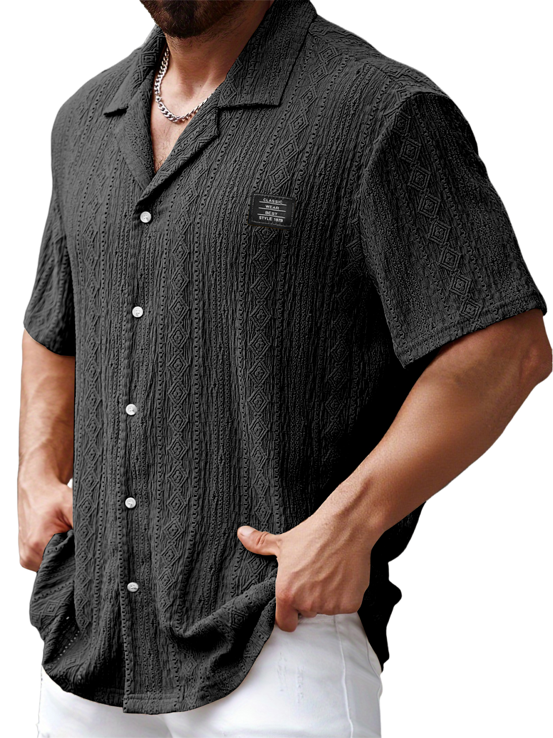 Men's Lapel Daily Jacquard Texture Embroidered Logo Casual And Comfortable Short-sleeved Shirt