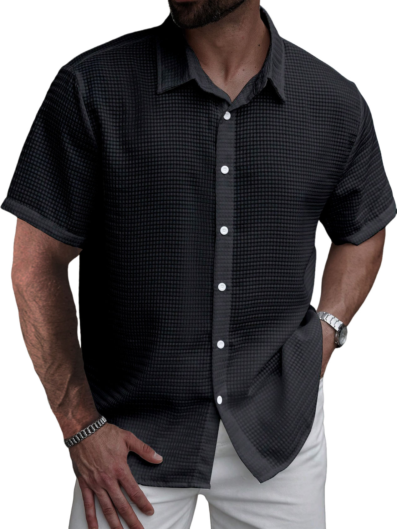 Men's Stylish Casual Waffle Fabric Short-sleeved Shirt