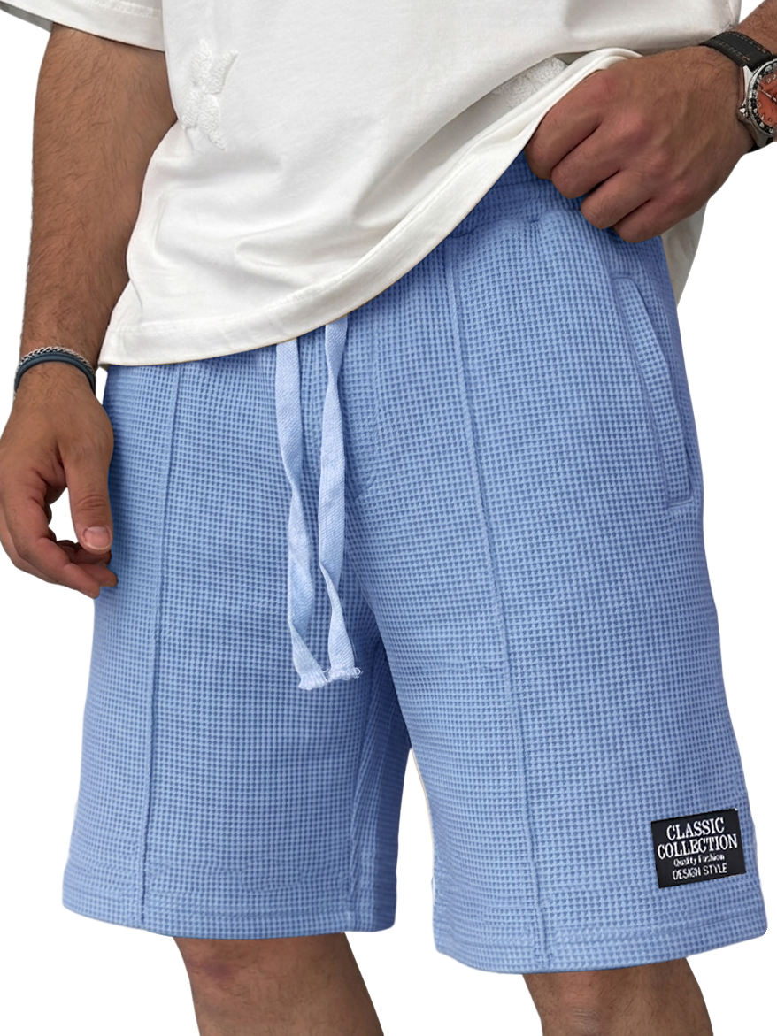 Men's Waffle Knit Casual Drawstring Elastic Waist Embroidered Logo Shorts