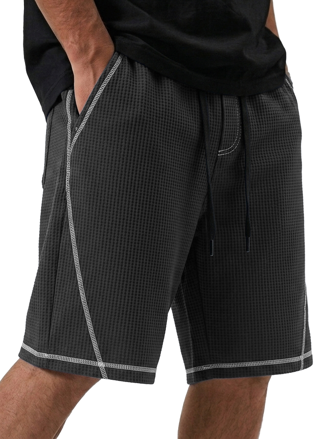 Men's Loose Casual Waffle Deconstructed Multi-Pocket Shorts with Contrast Stitching