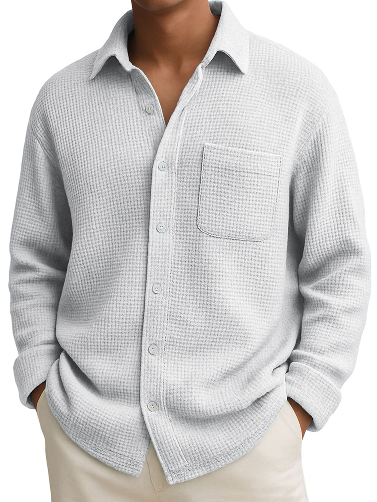Men's Comfort Waffle Lapel Long Sleeve Shirt with Chest Pocket