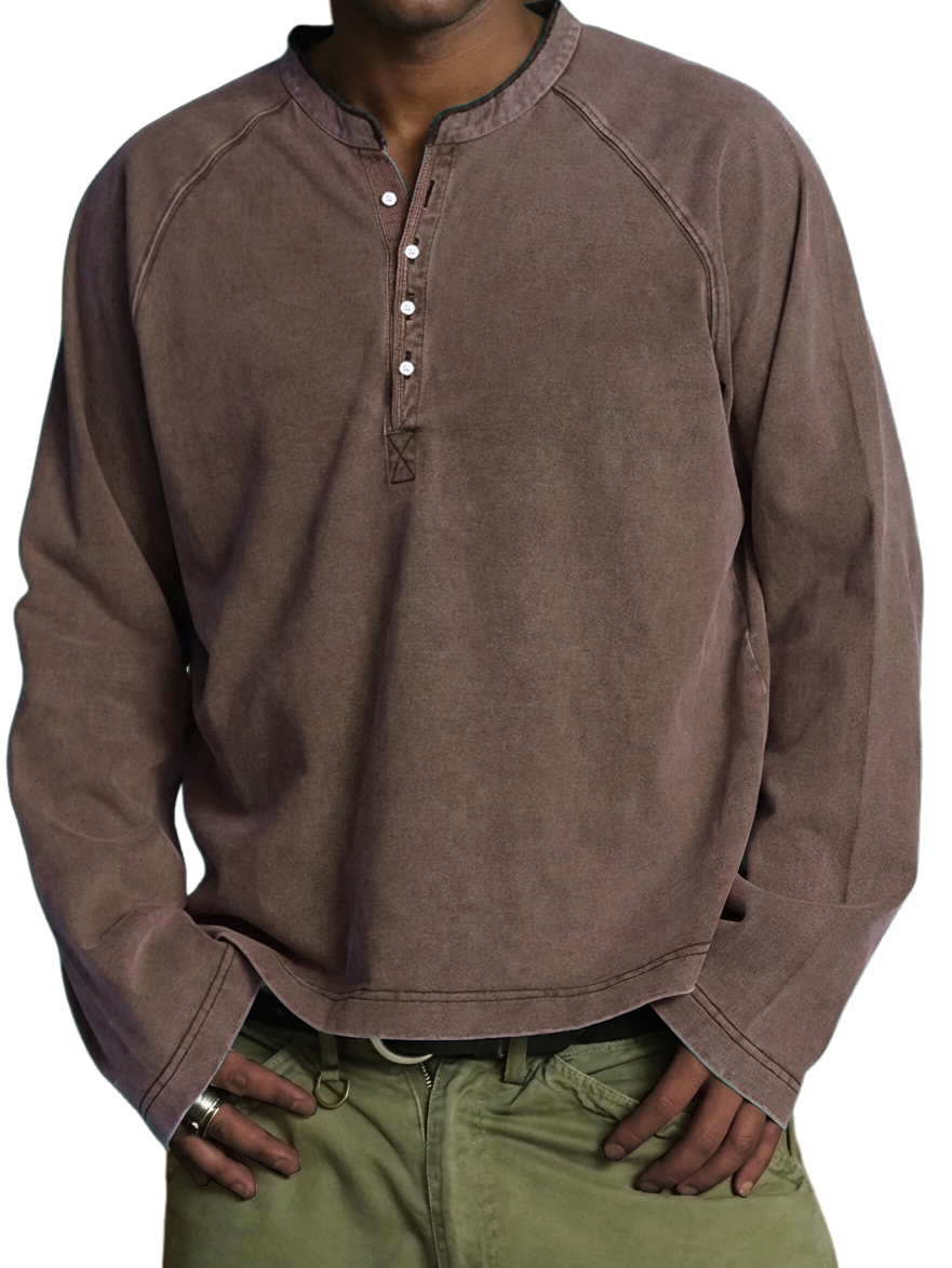 Men's Vintage Washed Cotton Henley Long-Sleeve T-Shirt