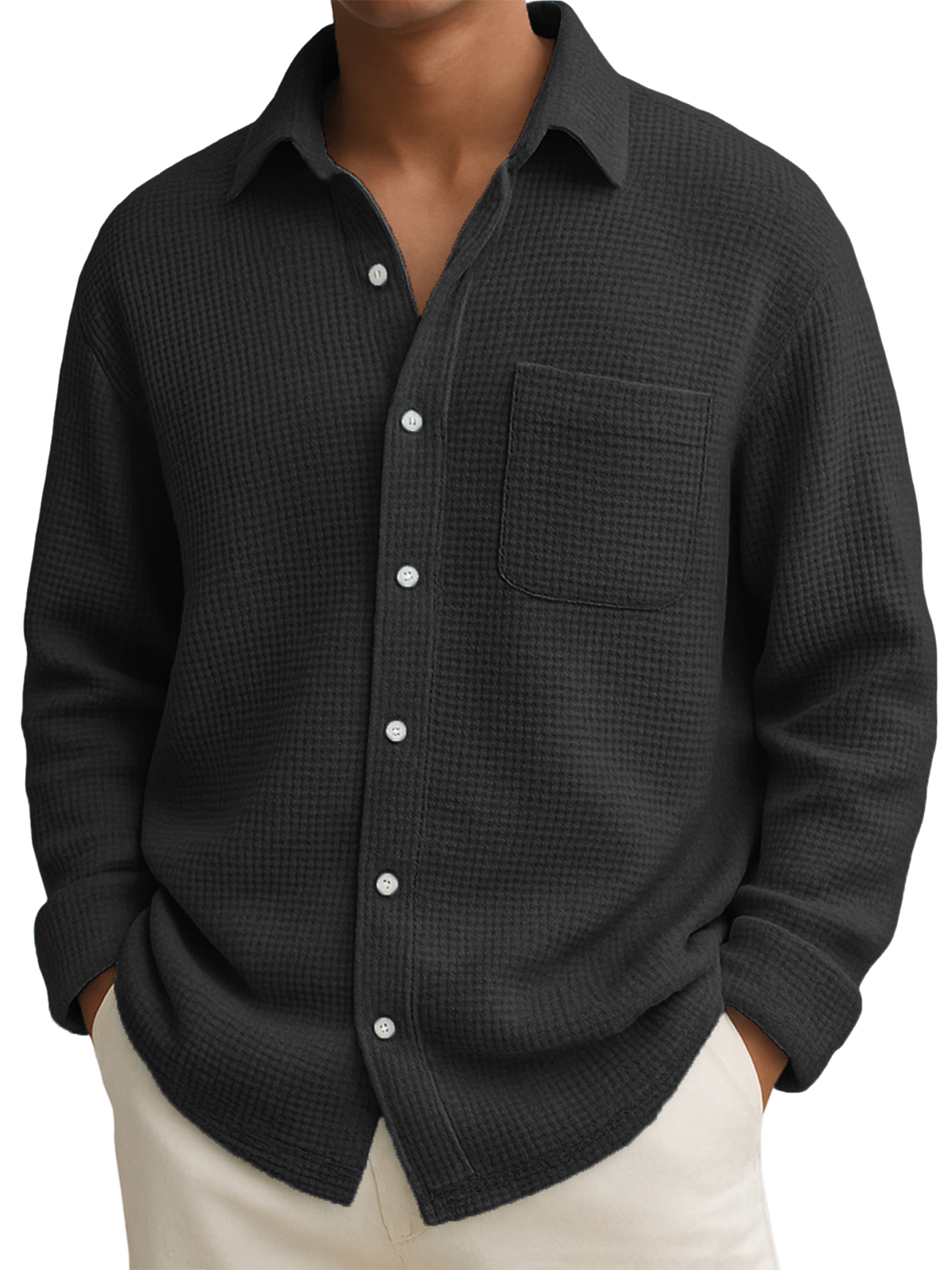 Men's Comfort Waffle Lapel Long Sleeve Shirt with Chest Pocket