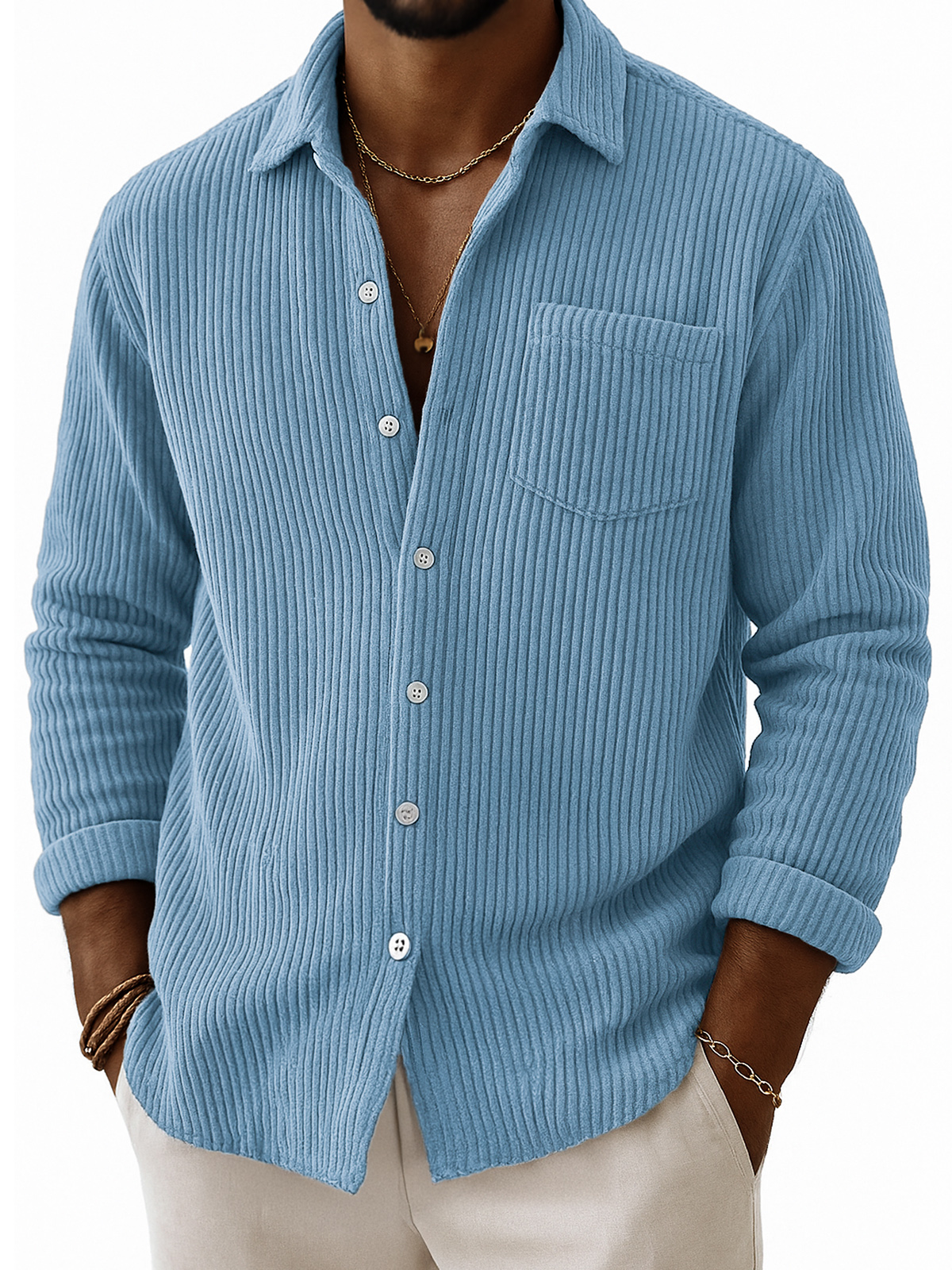 Men's Stylish Corduroy Ribbed Long-Sleeve Shirt with Chest Pocket