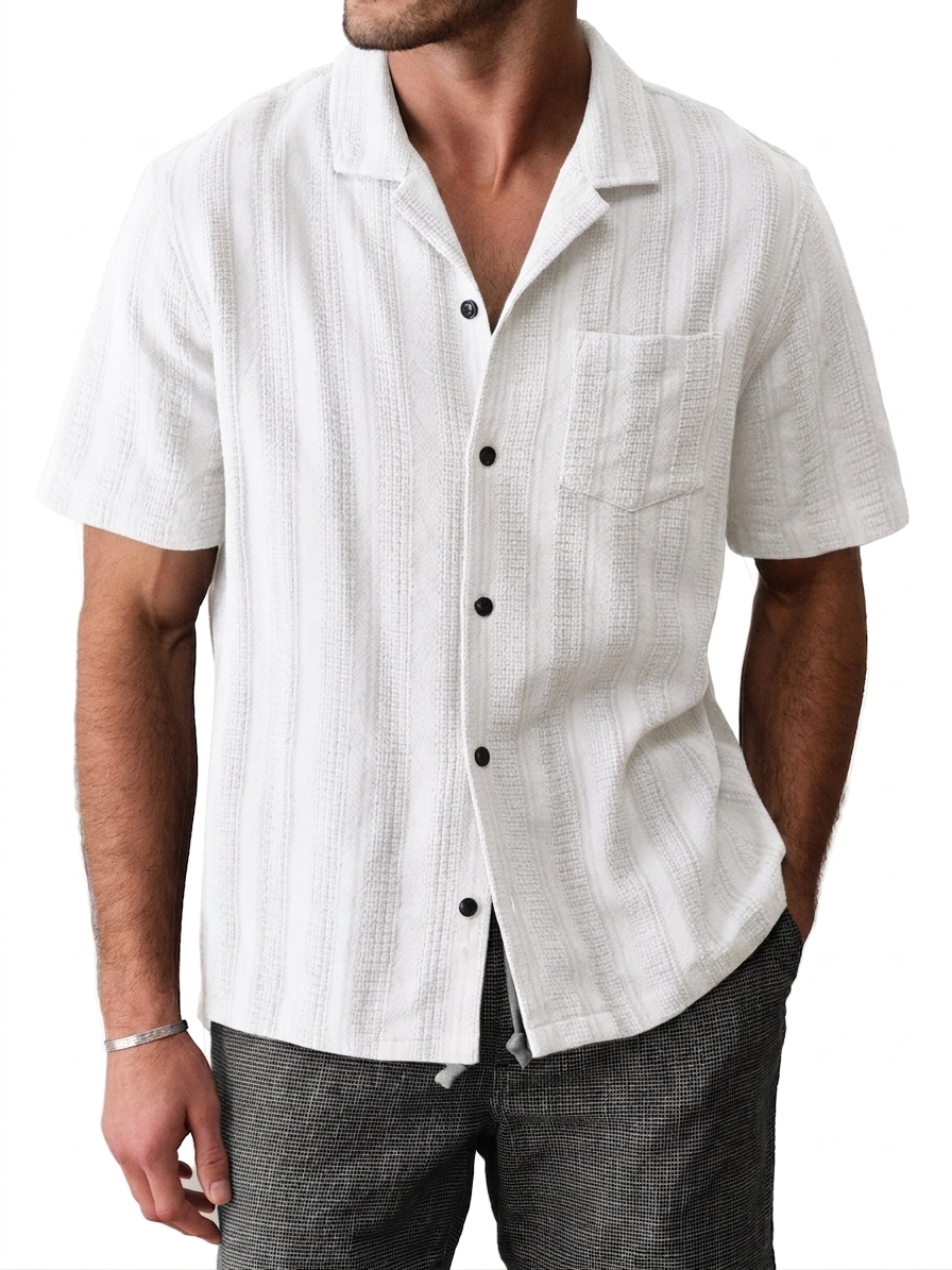 Men's Casual Breathable Comfortable Textured Jacquard Cuban Collar Shirt