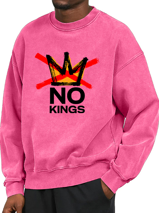Men's Washed And Distressed Vintage No Kings Print Crewneck Sweatshirt