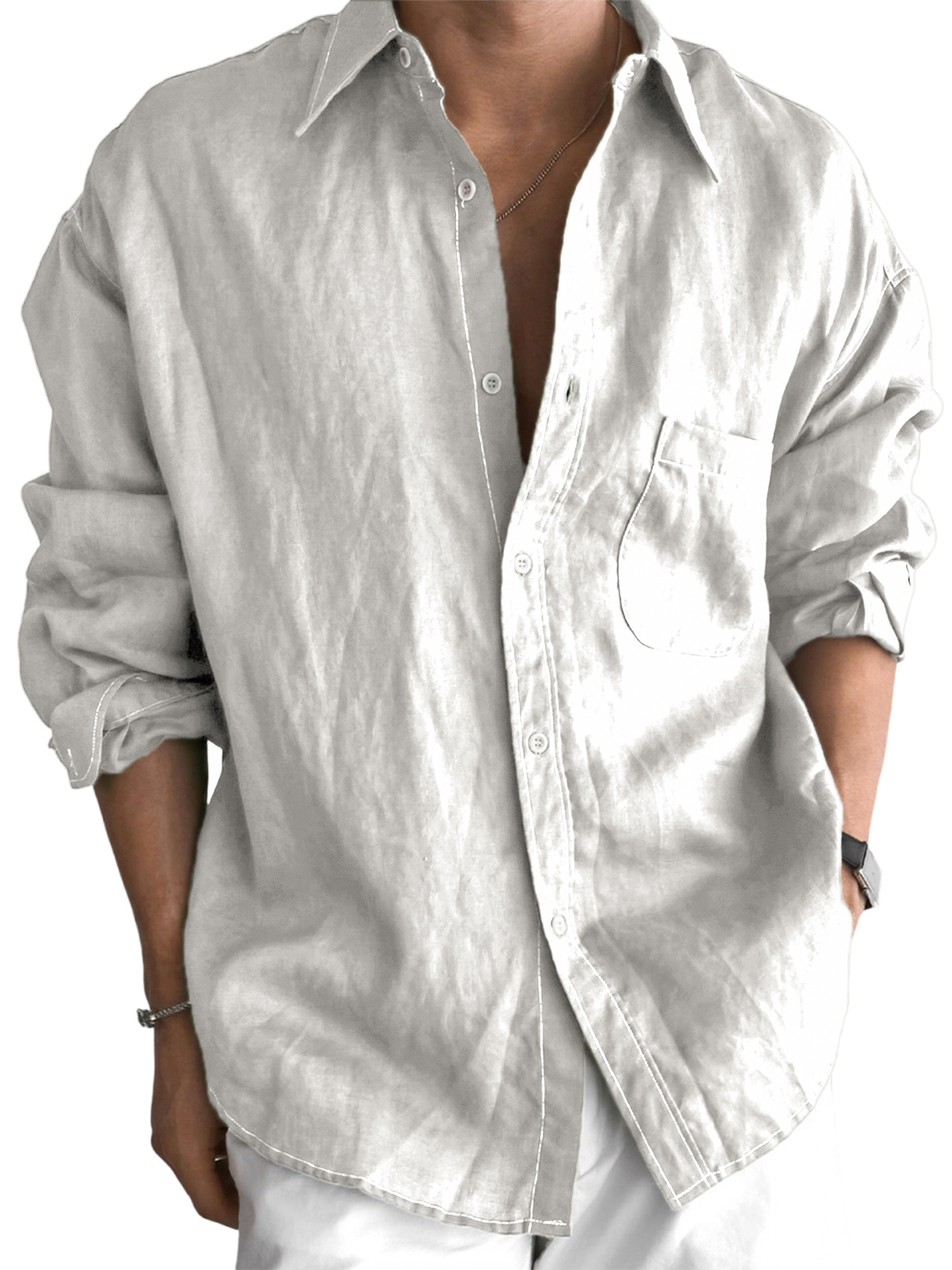 Men's Daily Cotton-linen Urban Casual Long-sleeve Shirt with Chest Pocket