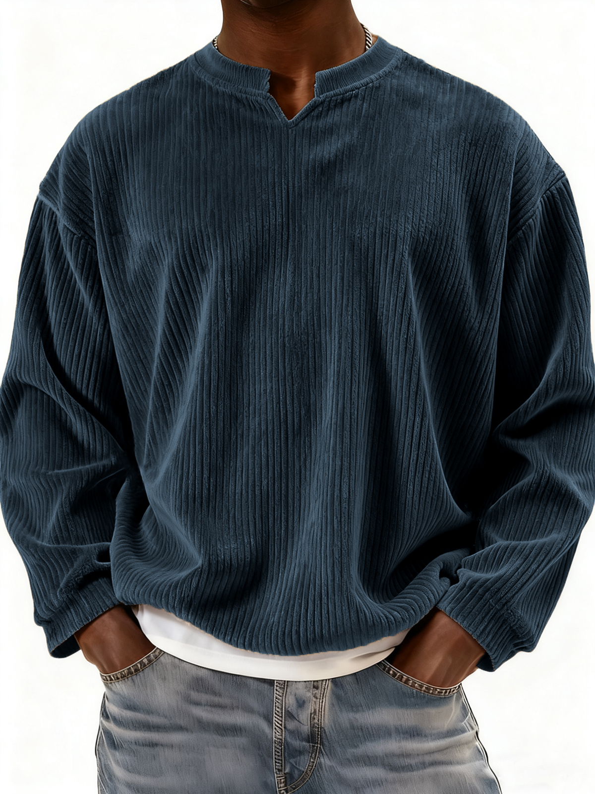 Men's V-neck Notch Neck Stylish Corduroy Long-sleeved Pullover