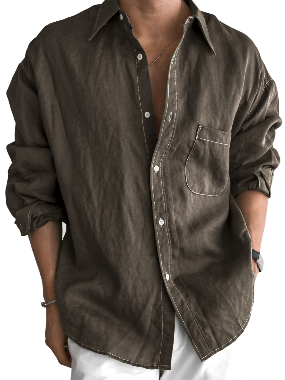 Men's Daily Cotton-linen Urban Casual Long-sleeve Shirt with Chest Pocket