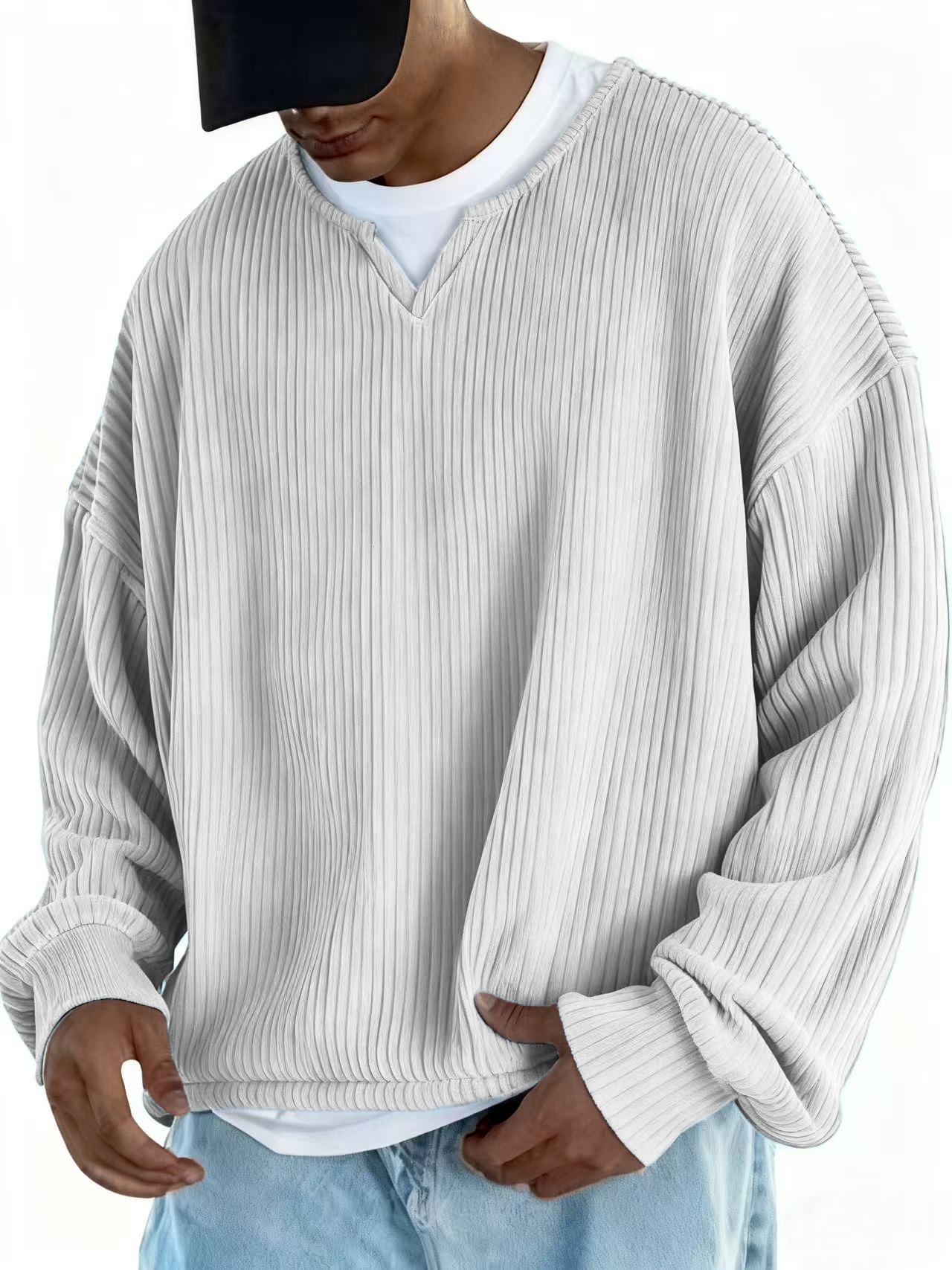 Men's V-neck Notch Collar Ribbed Long-sleeved Pullover