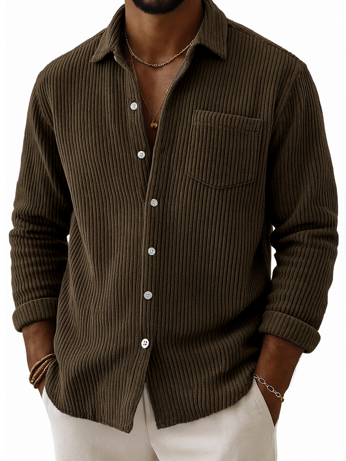 Men's Stylish Corduroy Ribbed Long-Sleeve Shirt with Chest Pocket