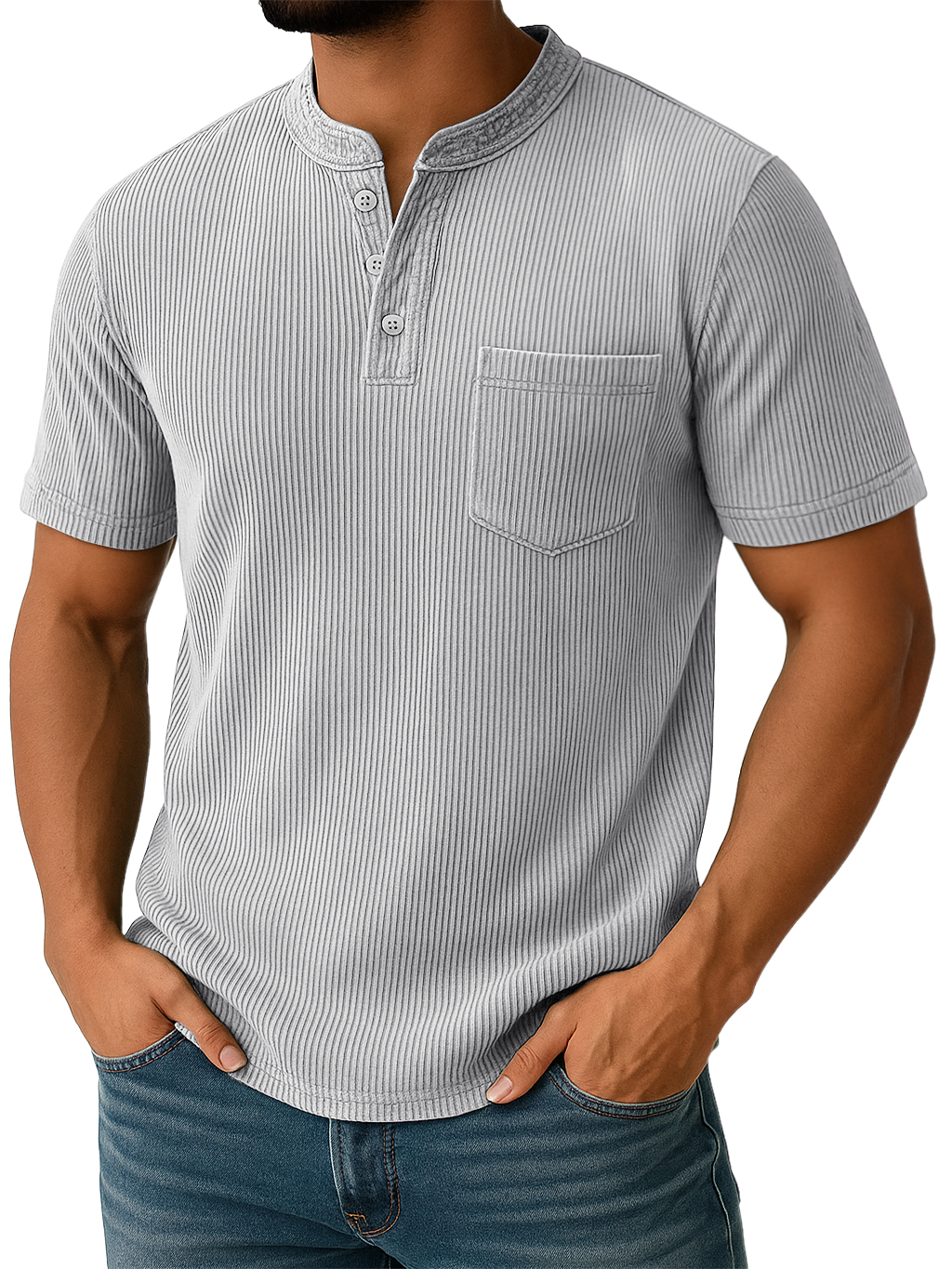 Men's Retro Stand-up Collar Ribbed Texture Vertical Stripe Pocket Casual T-shirt