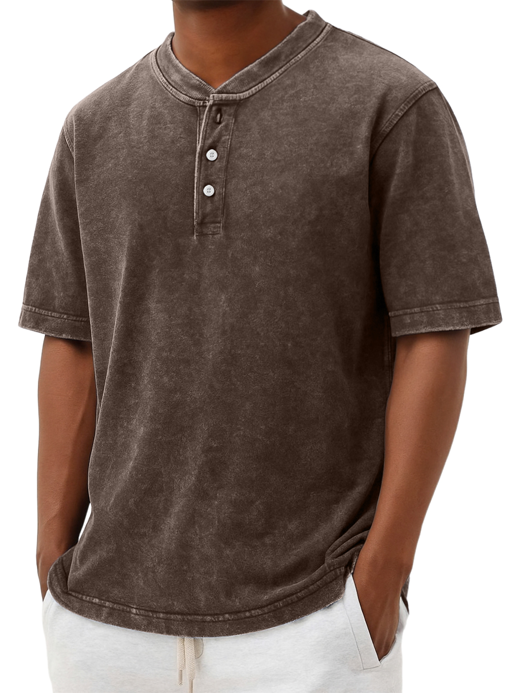 Men's Henry Collar Washed And Distressed Retro Casual Top