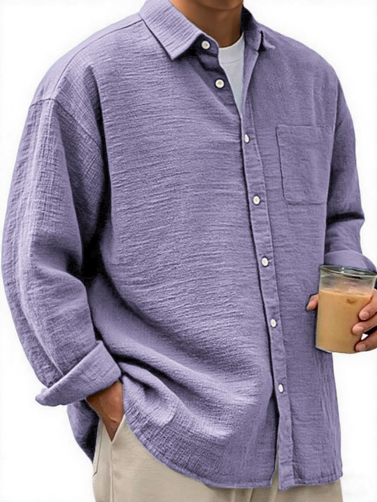 Men's Crinkled Linen Urban Casual Daily Long-sleeve Shirt with Chest Pocket