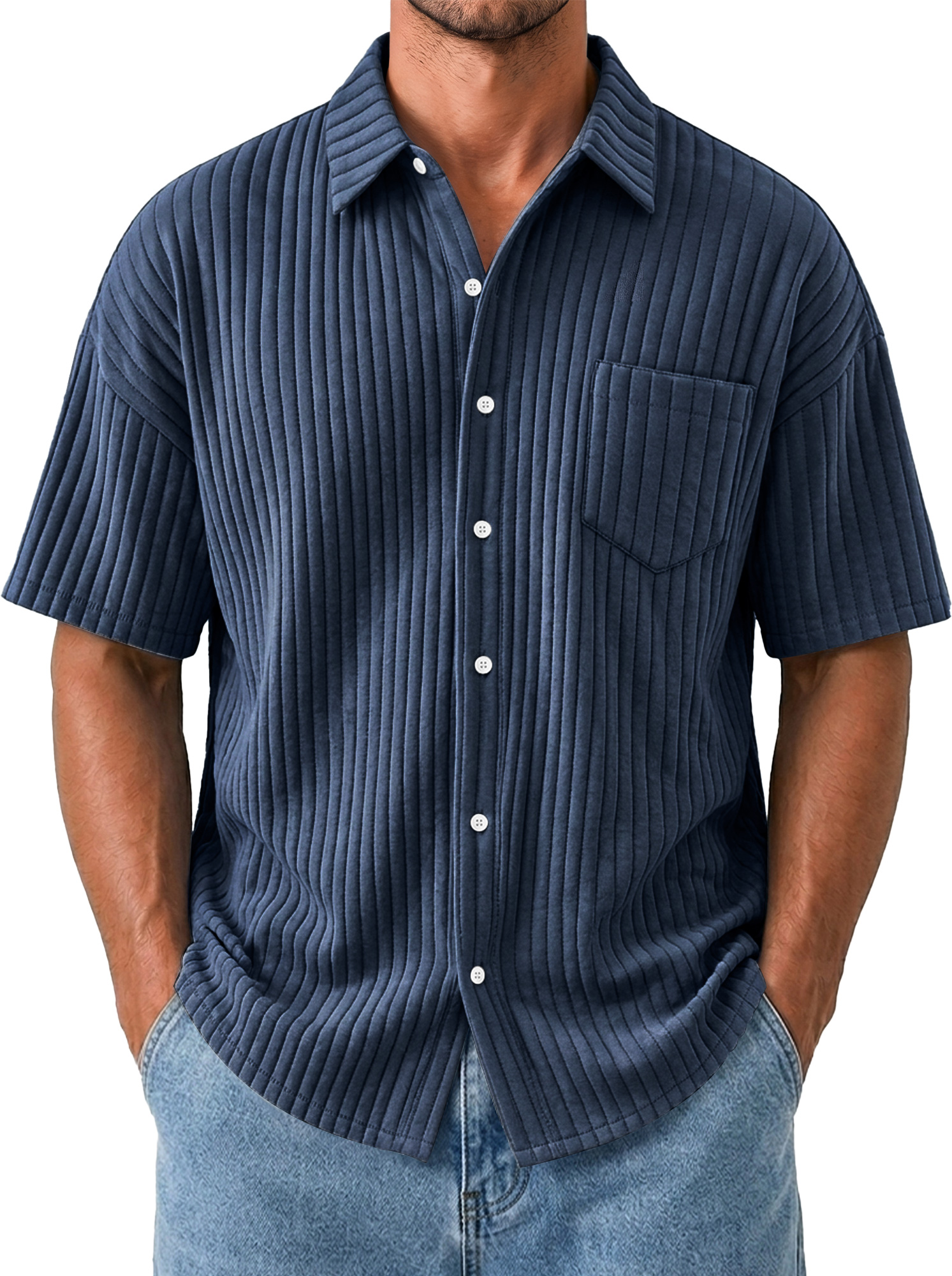 Men's Casual Solid-Color Short-Sleeve Shirt with Wide Ribbing