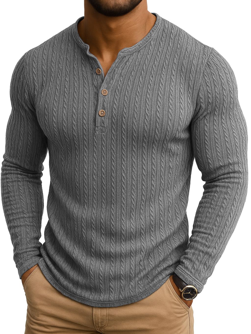 Vintage Striped Jacquard Henley Collar Long-sleeved T-shirt