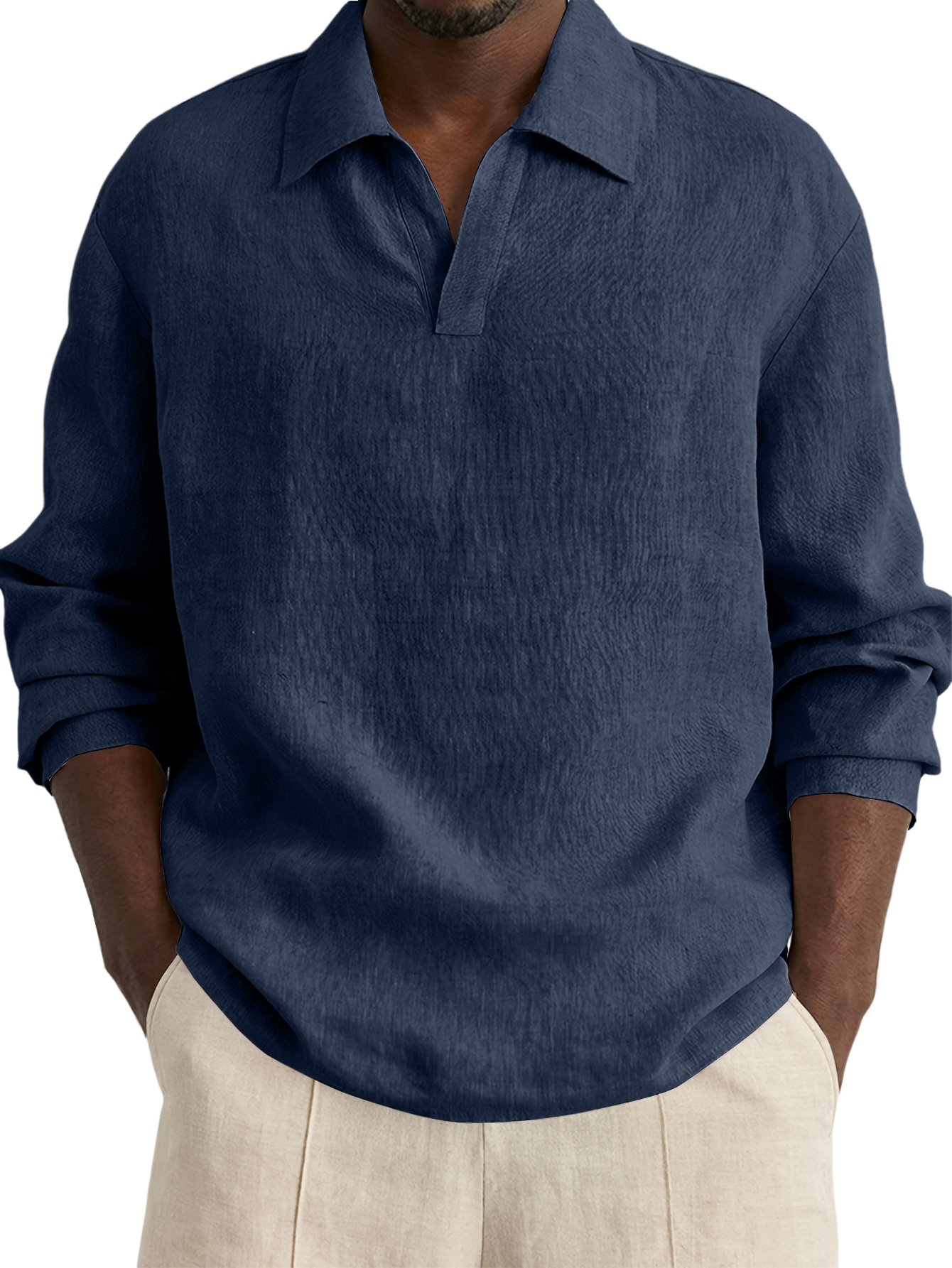 Men's Casual Simple Cotton Linen V-Neck Long-Sleeve Shirt