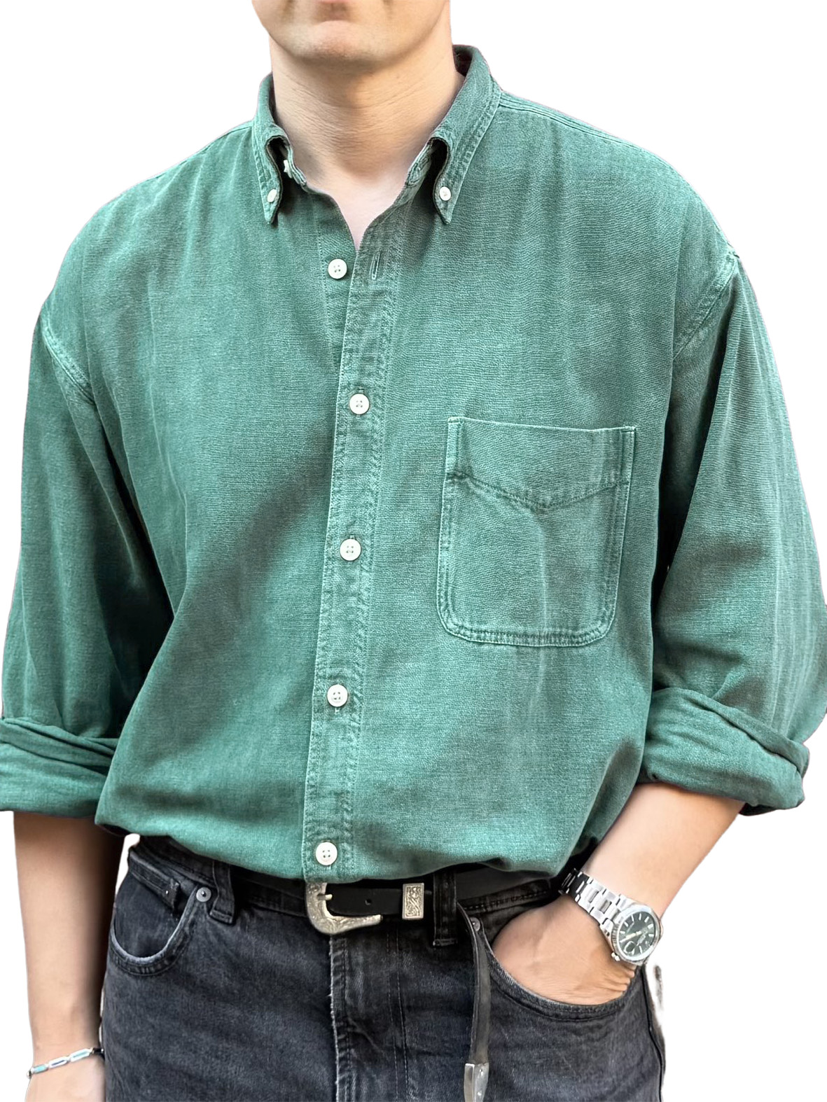 Men's Retro Fashion Distressed Pocket Long-Sleeve Shirt
