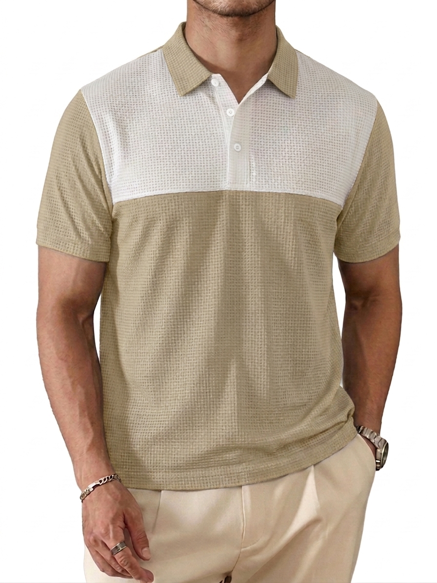 Color-Block Waffle-Knit Urban Casual Polo Shirt