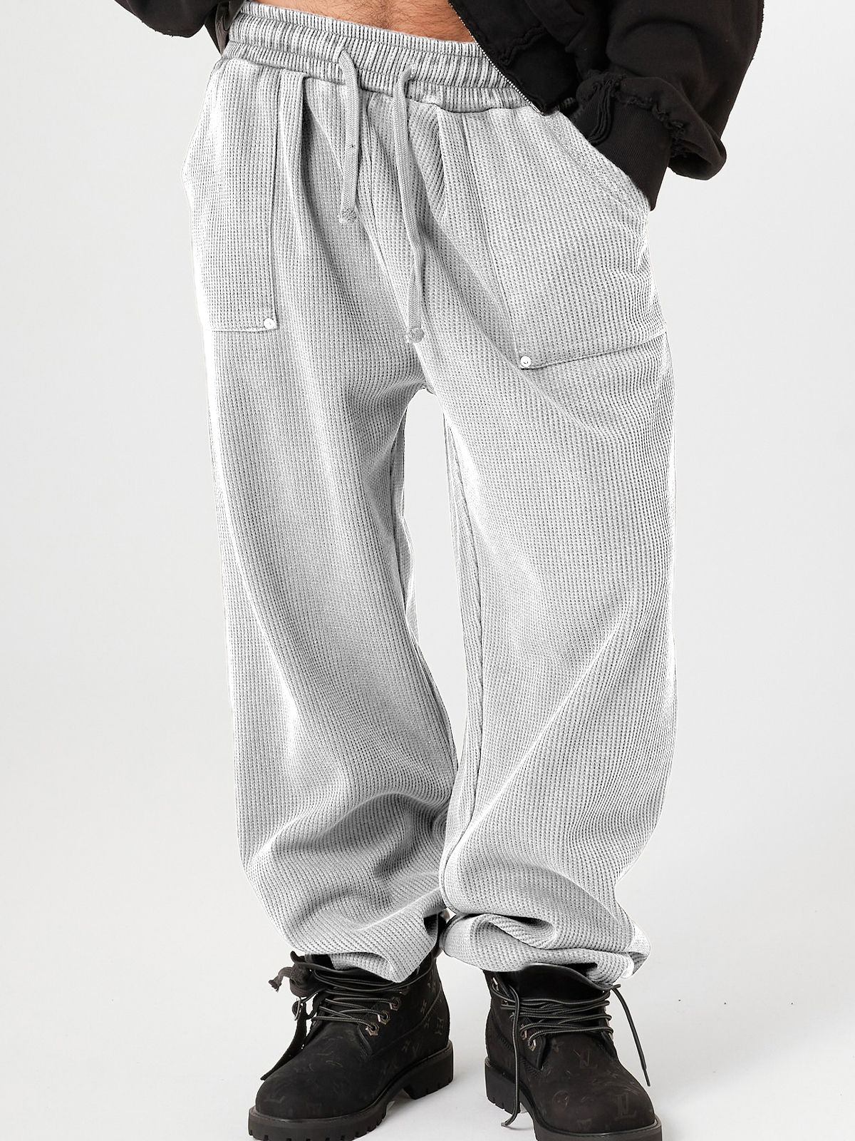 Men's Stylish Waffle-Knit Patchwork Design Baggy Pants