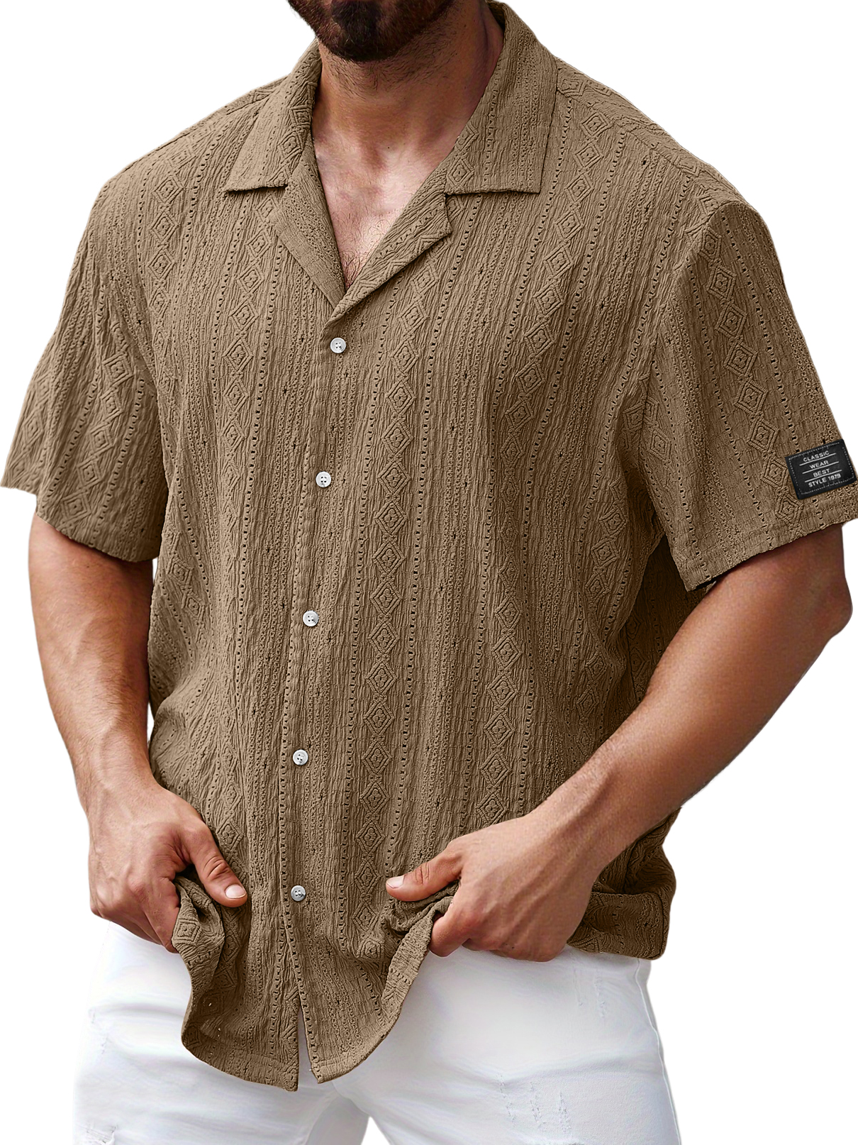 Men's Daily Jacquard Texture Embroidered Logo Casual And Comfortable Short-sleeved Shirt