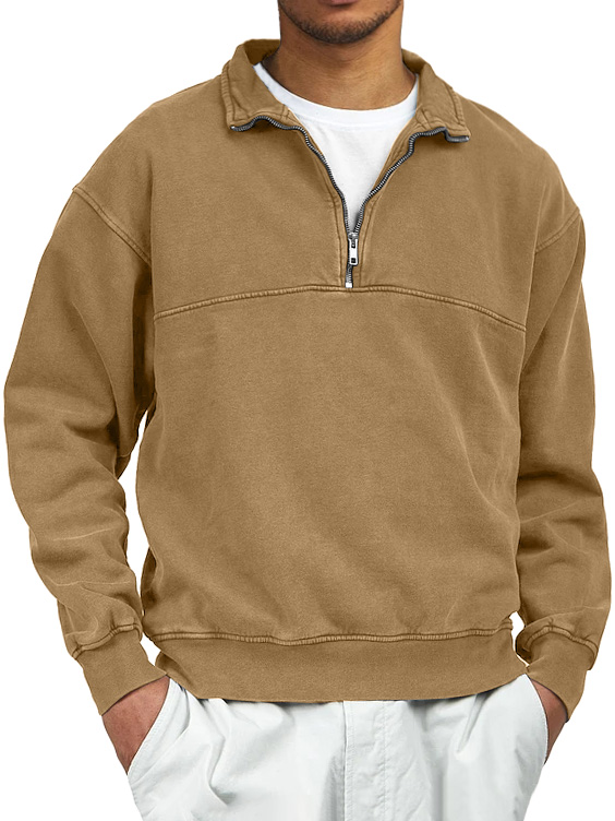 Men's Retro Distressed Quarter Zipper Stand Collar Long-Sleeve Sweatshirt
