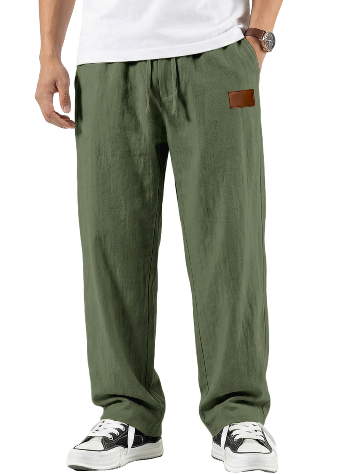 Men's Comfort Cotton-linen Breathable Pants with Embroidered Leather Labels