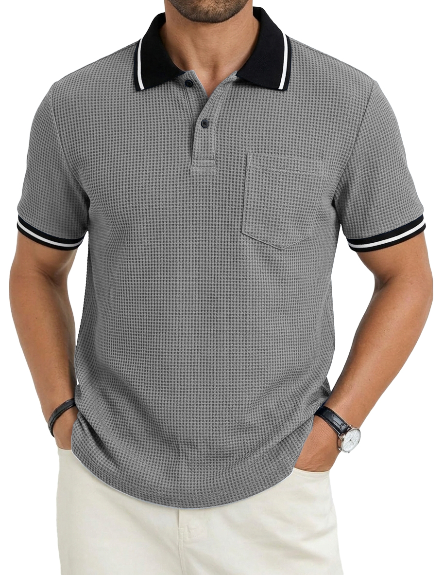 Men's Fashionable Casual Commuter Color-blocked Waffle Fabric Polo Shirt