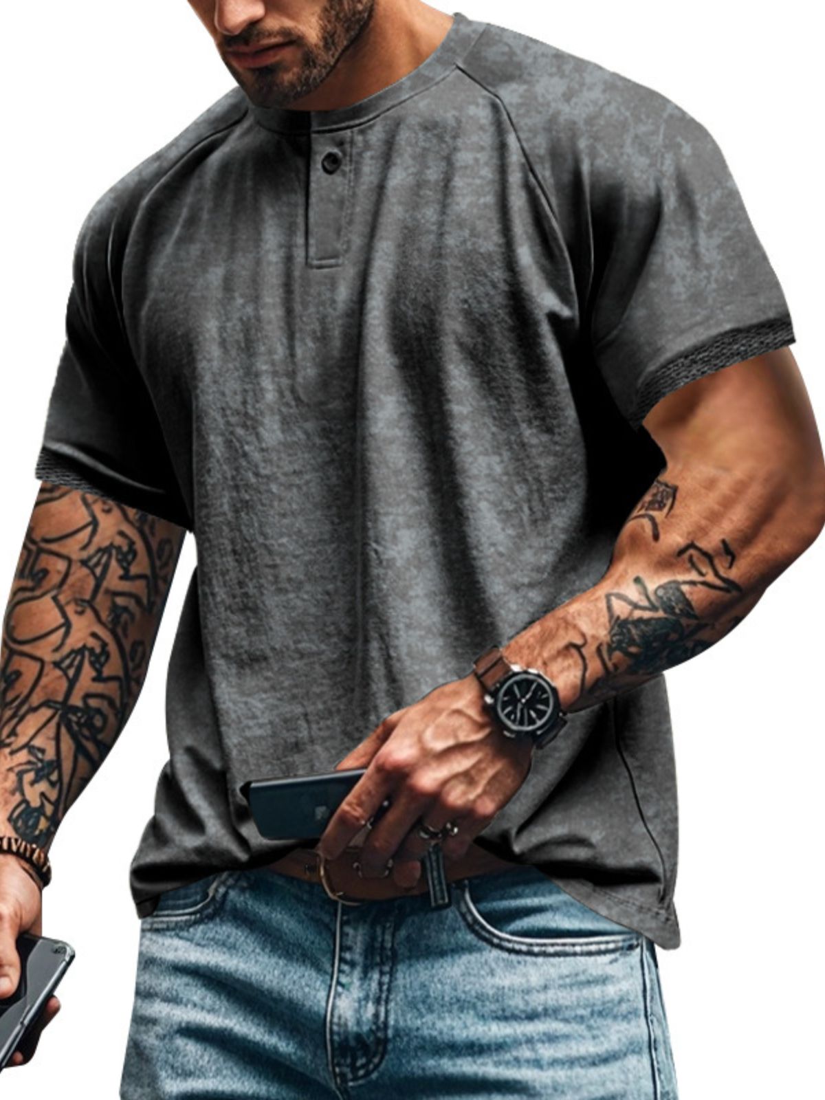 Men's Vintage Raglan Sleeve Henry Distressed Short Sleeve T-Shirt