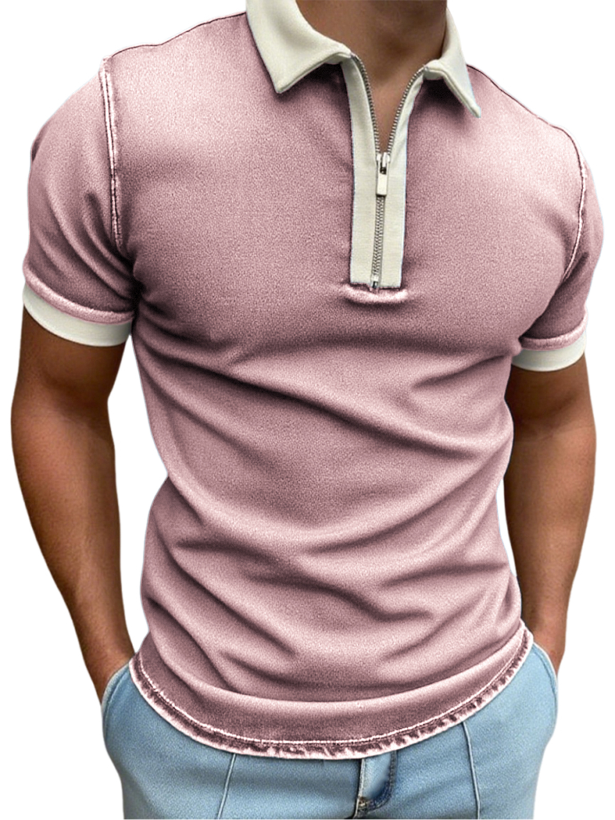 Men's Stylish Distressed Quarter Zip Short Sleeve Lapel Polo Shirt
