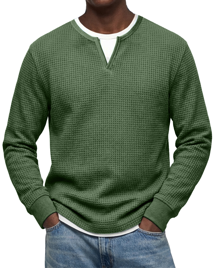 Men's Casual Urban  V-neck Faux Two-Piece Waffle Knit Crew Neck Long-Sleeve T-Shirt