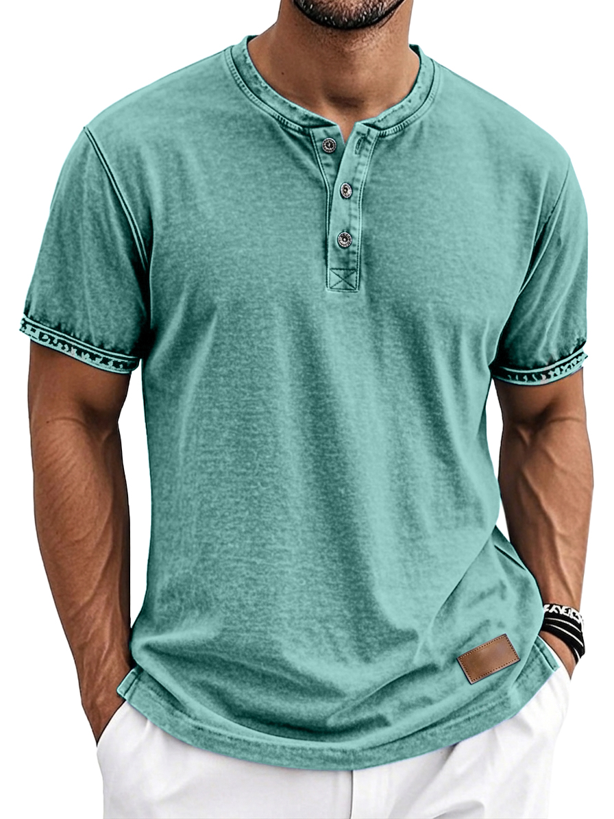 Men's Vintage Washed Retro Casual Short Sleeve Henley Shirt with Leather Logo Patch