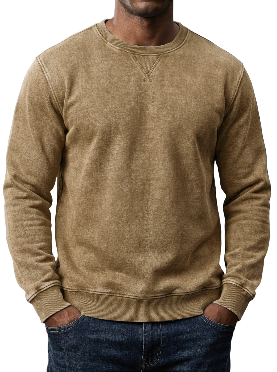 Men's Washed and Distressed Cotton Retro Crew Neck Long-Sleeve Sweatshirt