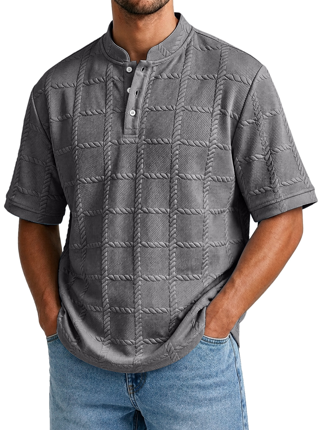 Men's Casual Textured Stand-Collar Button-Front Solid-Color Short-Sleeve Henley Shirt